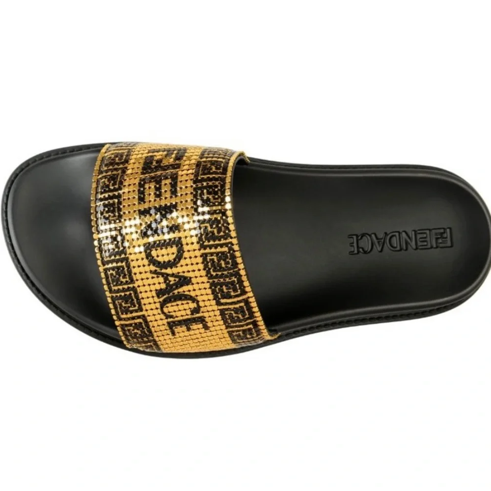 NWT FENDI NIB BLK/GOLD METAL MESH LOGO POOL SLIDES MADE IN ITALY 39EU 8.5 - Picture 11 of 14